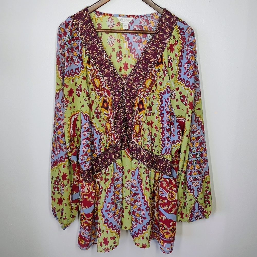 Cato Collection Top Womens Plus 22/24 Multicolor Beaded Bohemian Blouson Sleeve - Picture 1 of 11